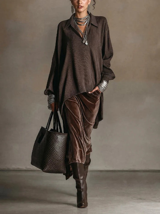 Ona Dark Brown Textured Collar Long Blouse Velvet Midi Skirt Set – Sienna Noosa