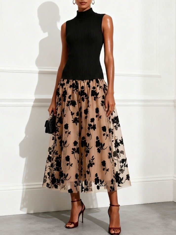 Black Ribbed Knitted Tank Top + Double-layered Floral Tulle Midi Skirt Two Piece Set – Sienna Noosa