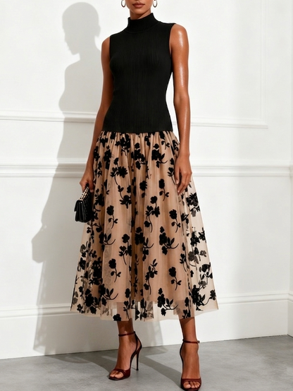 Black Ribbed Knitted Tank Top + Double-layered Floral Tulle Midi Skirt Two Piece Set – Sienna Noosa
