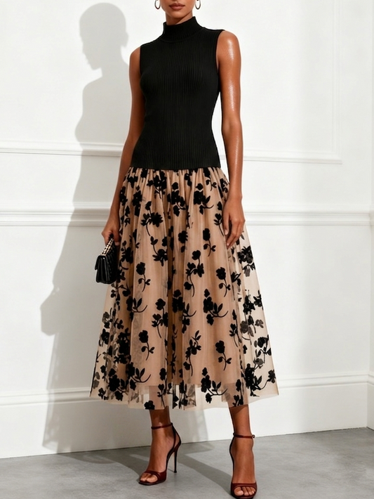 Black Ribbed Knitted Tank Top + Double-layered Floral Tulle Midi Skirt Two Piece Set – Sienna Noosa
