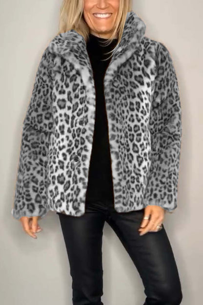 Stylish Leopard Print Lapel Faux Fur Mid Length Coat – Sienna Noosa