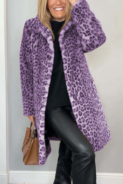 Stylish Leopard Print Lapel Faux Fur Mid Length Coat – Sienna Noosa