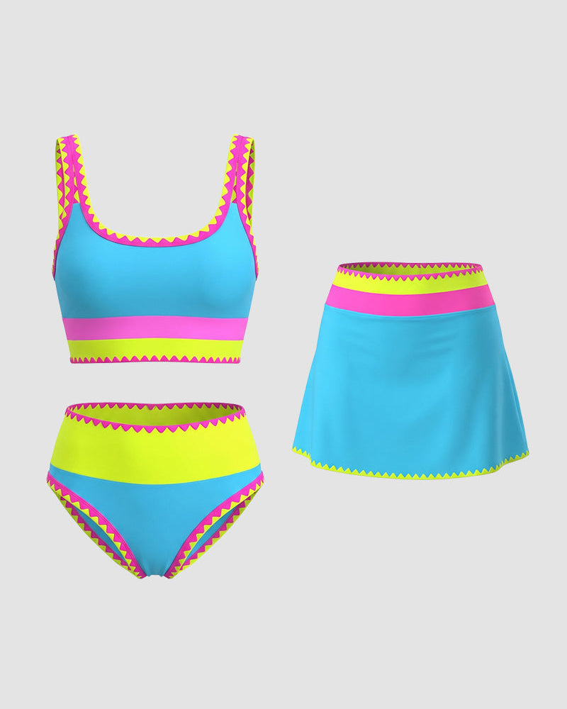 Color Contrast Patchwork Nylon Sporty 3 Piece Bikini Sets – Sienna Noosa
