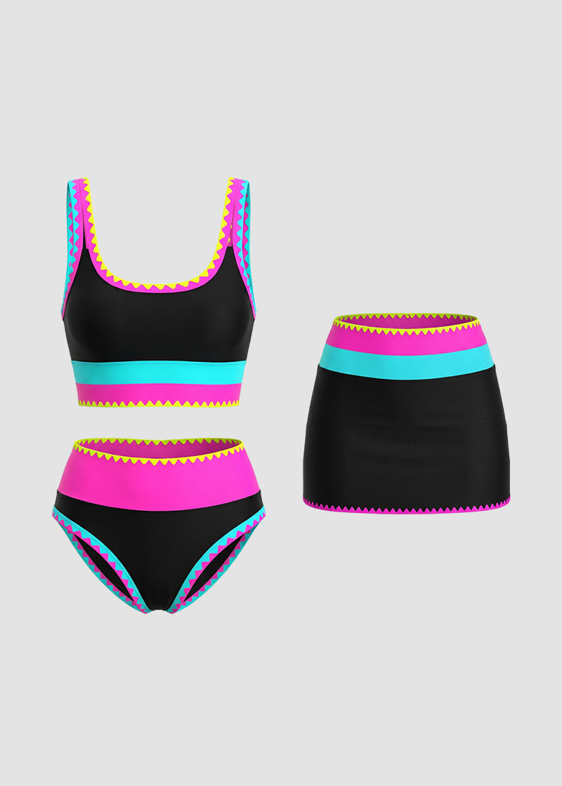 Color Contrast Patchwork Nylon Sporty 3 Piece Bikini Sets – Sienna Noosa