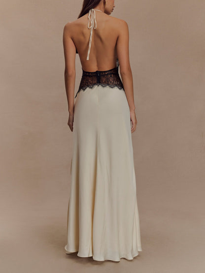 Deep V Silk Satin Maxi Dress with Halterneck – Sienna Noosa
