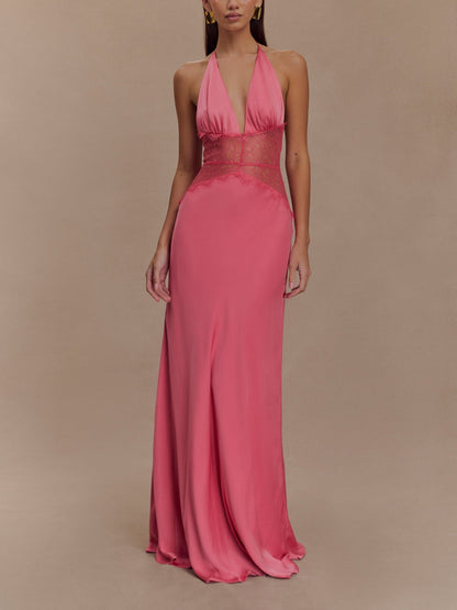 Deep V Silk Satin Maxi Dress with Halterneck – Sienna Noosa