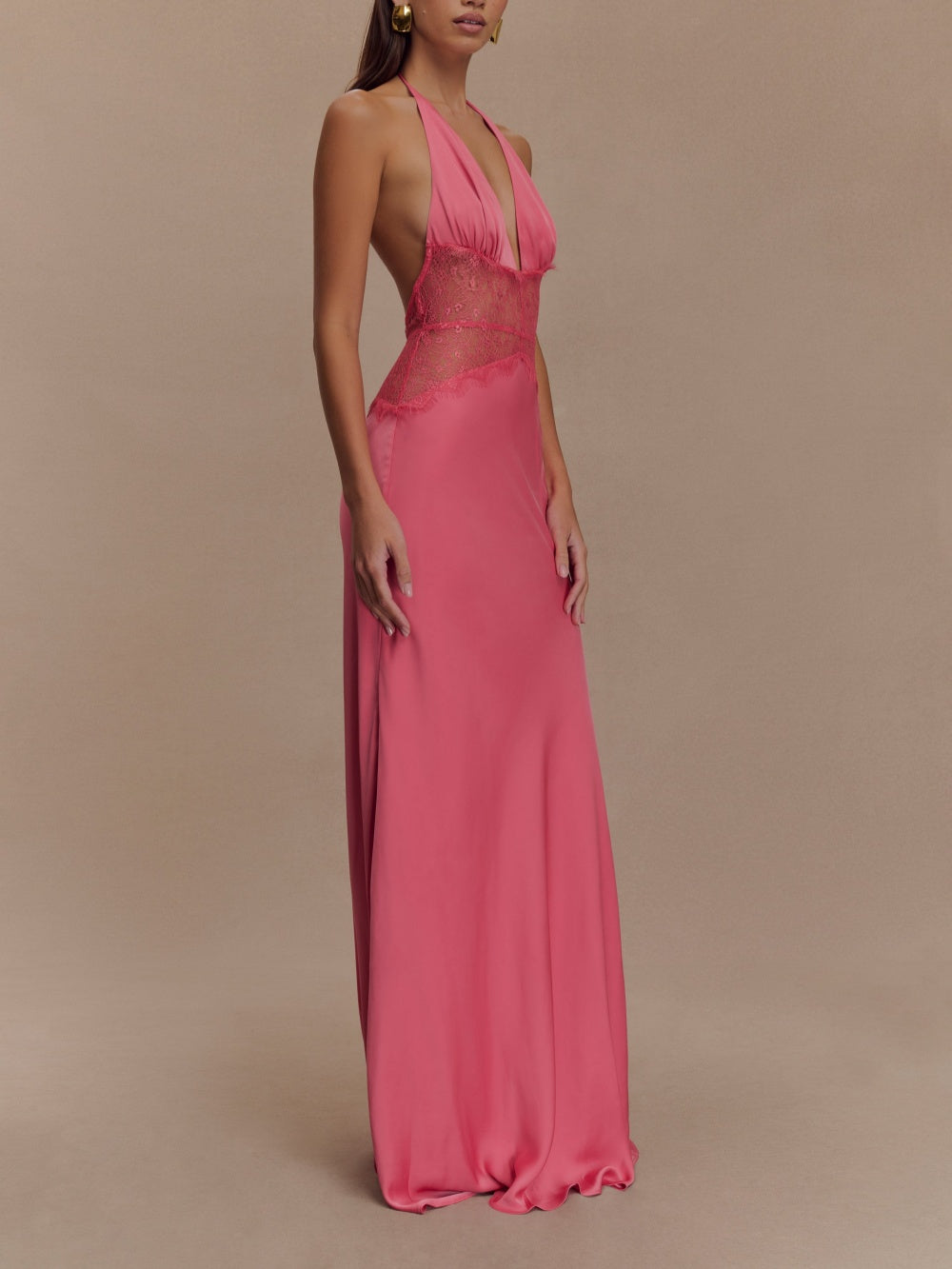 Deep V Silk Satin Maxi Dress with Halterneck – Sienna Noosa