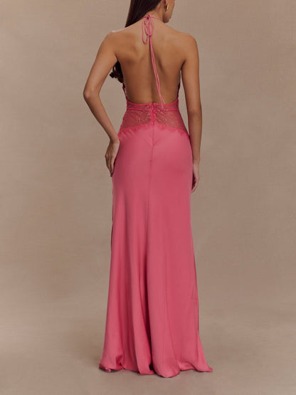 Deep V Silk Satin Maxi Dress with Halterneck – Sienna Noosa
