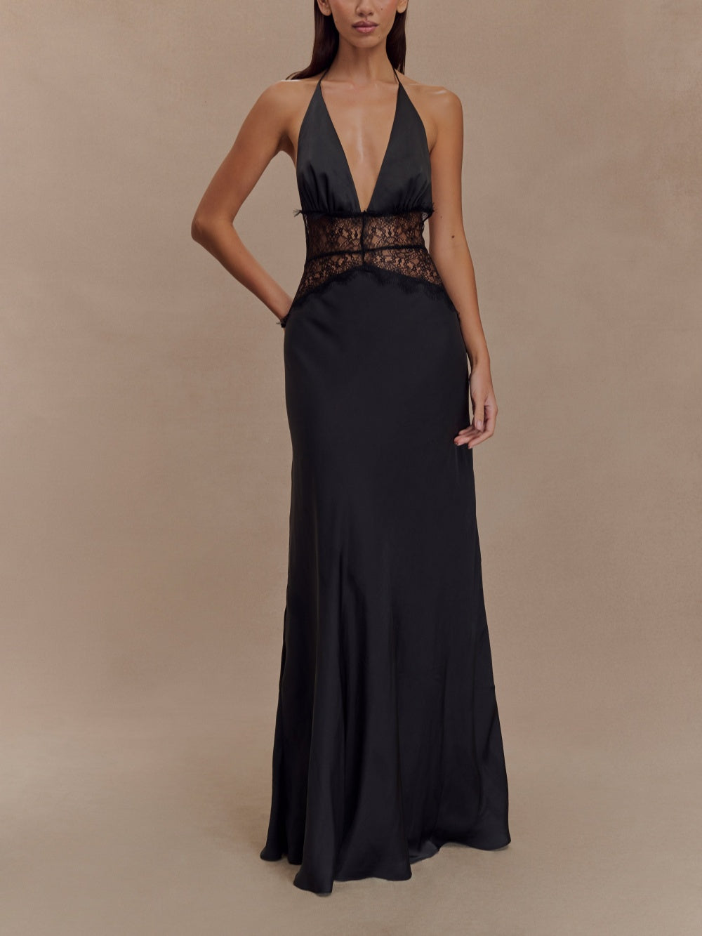 Deep V Silk Satin Maxi Dress with Halterneck – Sienna Noosa