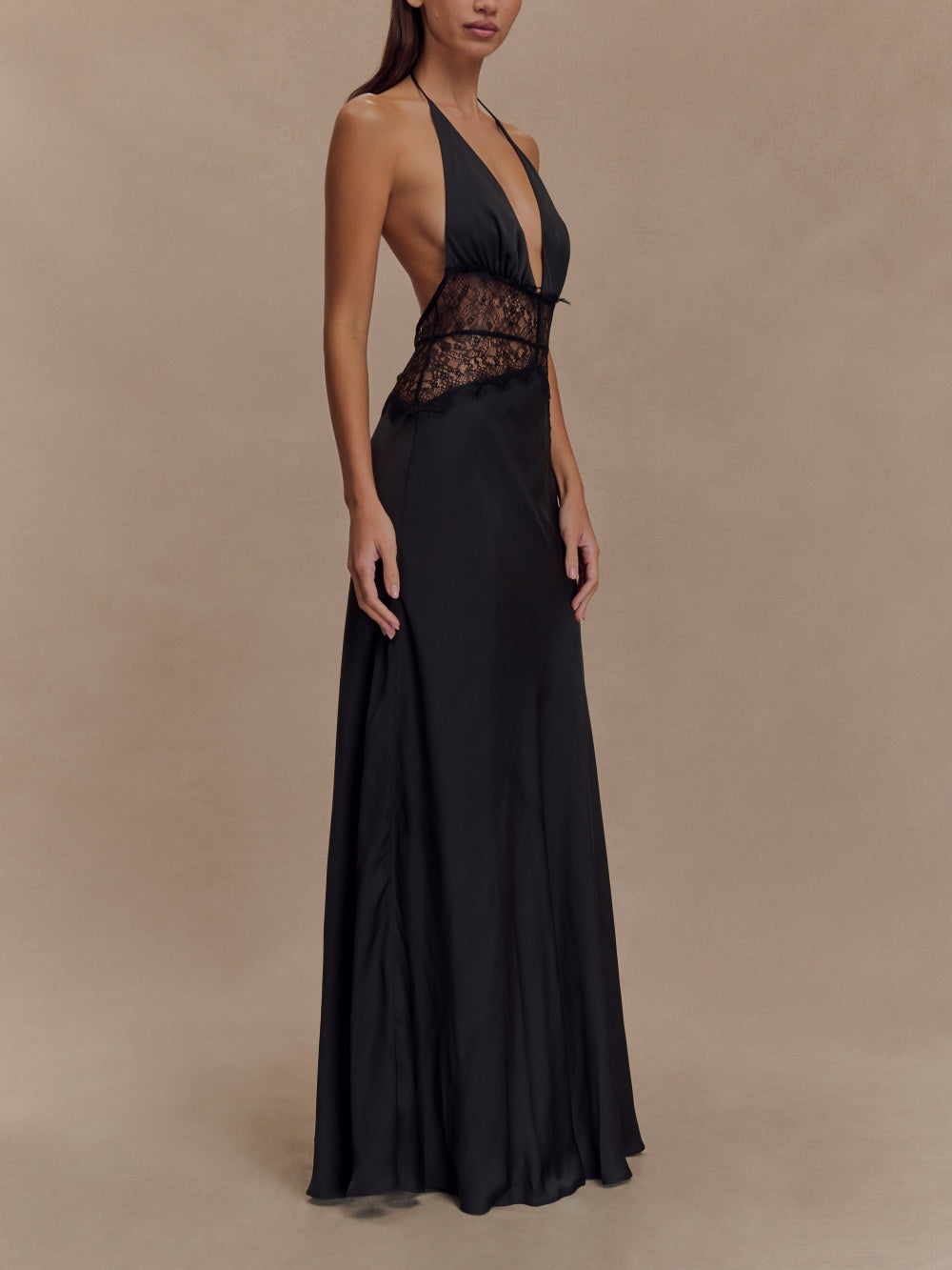 Deep V Silk Satin Maxi Dress with Halterneck – Sienna Noosa