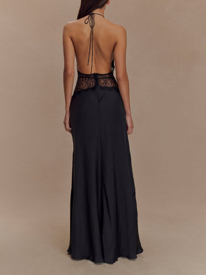 Deep V Silk Satin Maxi Dress with Halterneck – Sienna Noosa