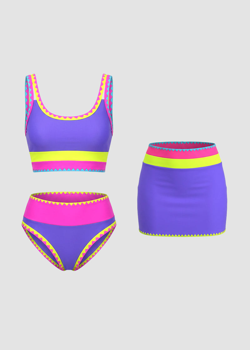 Color Contrast Patchwork Nylon Sporty 3 Piece Bikini Sets – Sienna Noosa