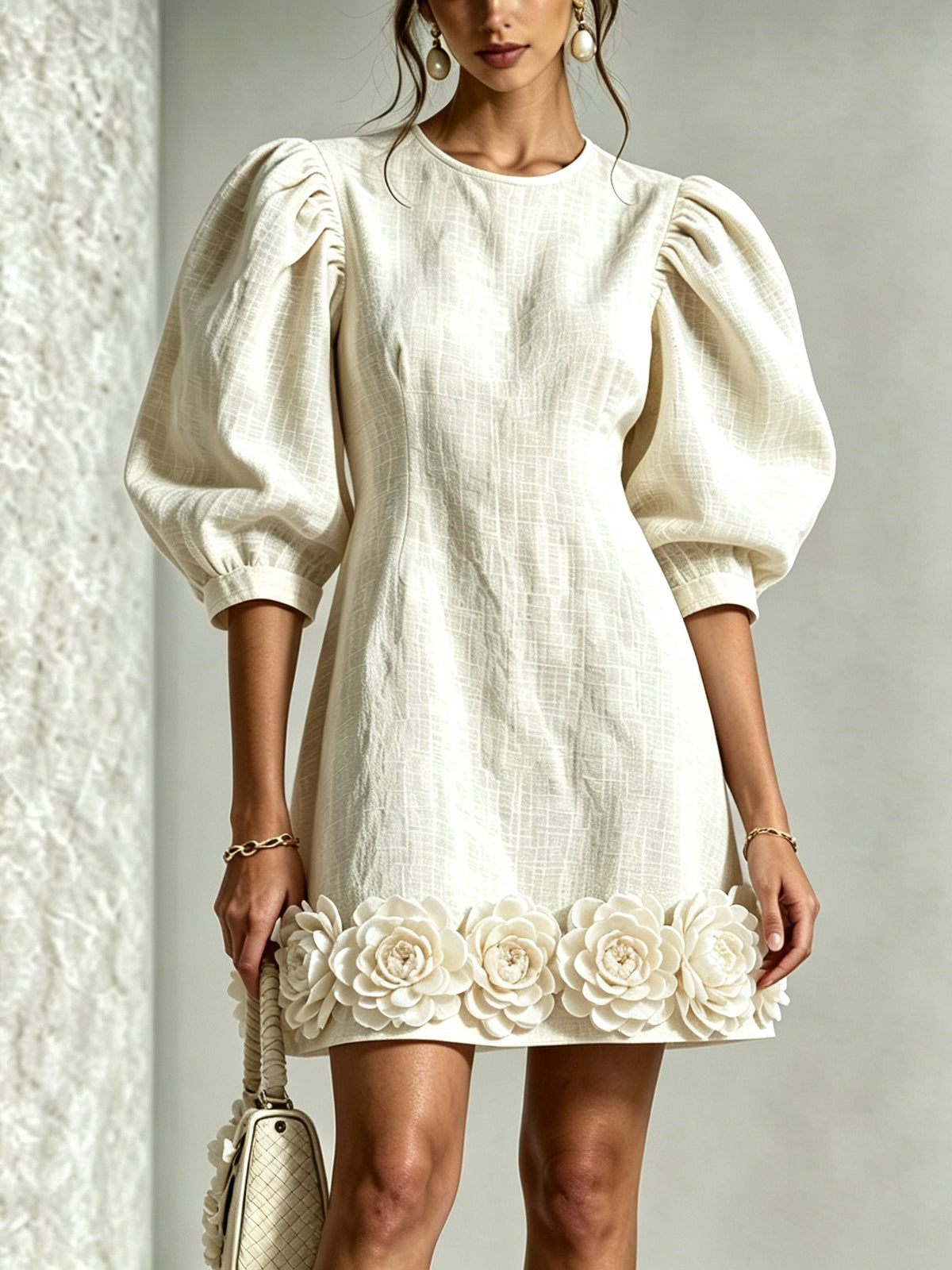 White 3d Floral Puff Sleeve Cotton Linen Mini Dress – Sienna Noosa