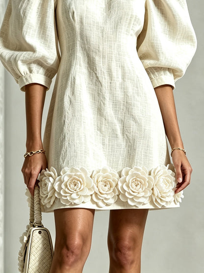 White 3d Floral Puff Sleeve Cotton Linen Mini Dress – Sienna Noosa
