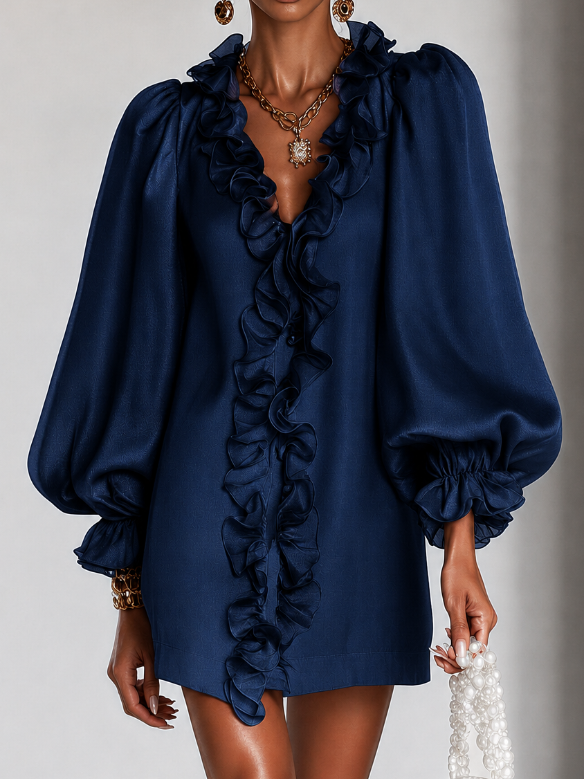 Navy Ruffled Puff Sleeve Loose Straight Cut Mini Dress – Sienna Noosa
