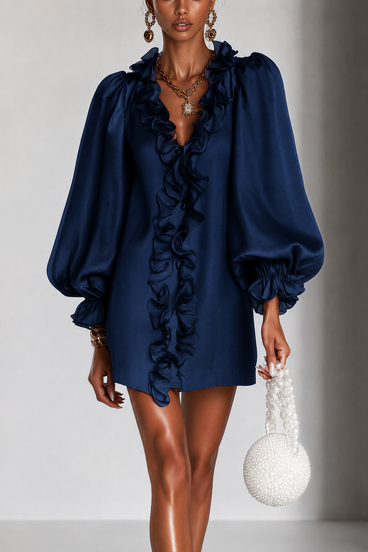 Navy Ruffled Puff Sleeve Loose Straight Cut Mini Dress – Sienna Noosa
