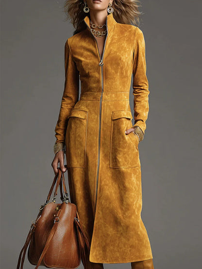 Alicia Women's Mustard Yellow Faux Suede Stand Collar Zip Up Midi Dress with Pockets – Sienna Noosa