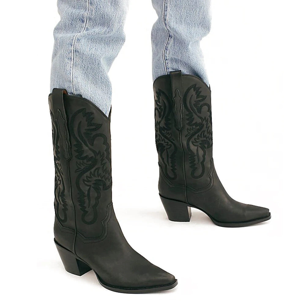 Embroidered Pointed Toe Thick Heel Western Boots – Sienna Noosa