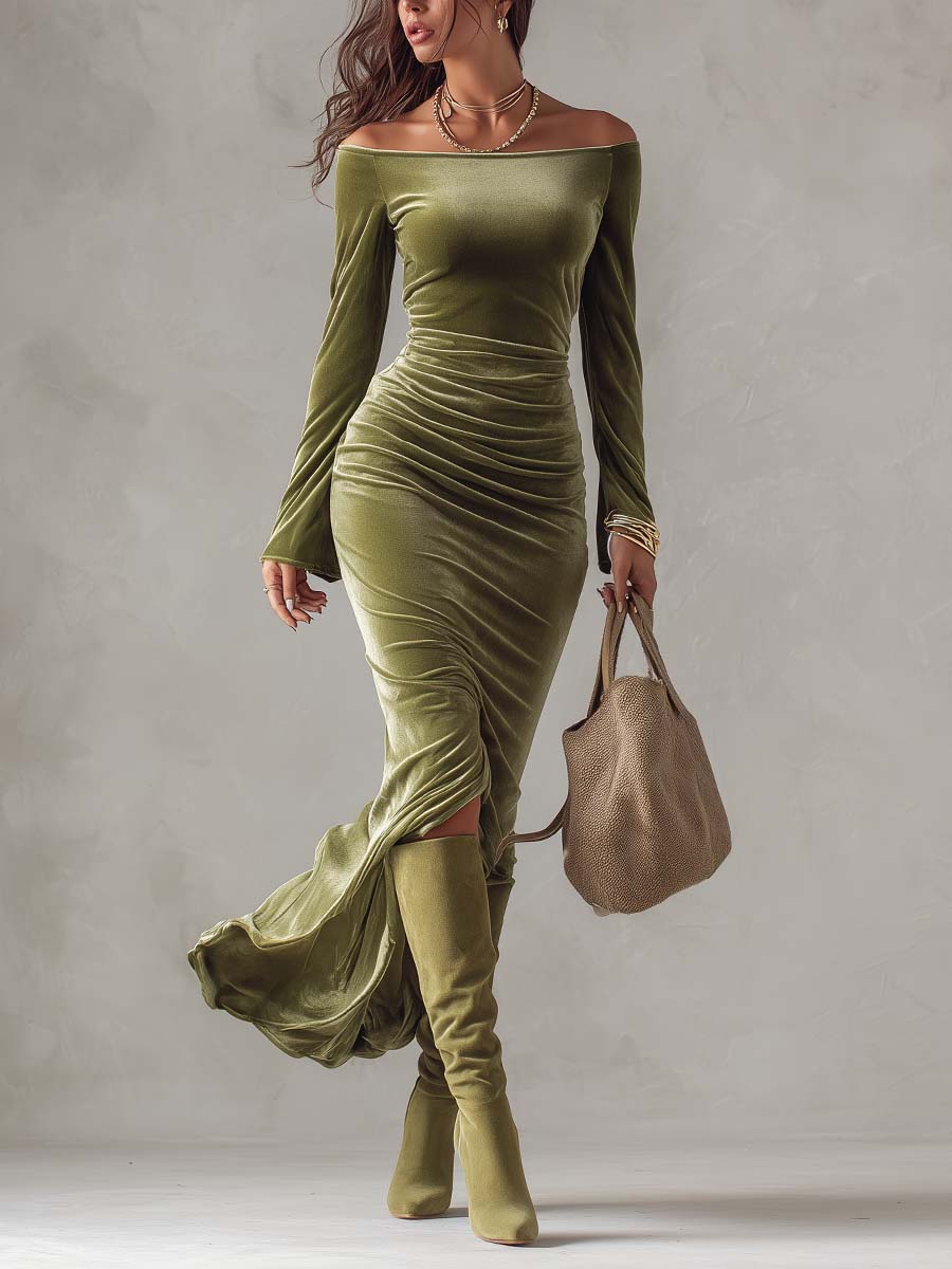 Olivia Olive Green Velvet Off Shoulder Long Sleeve Evening Maxi Dress – Sienna Noosa