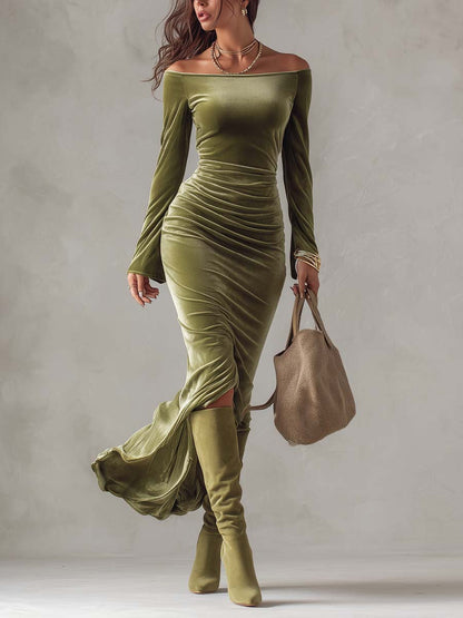 Olivia Olive Green Velvet Off Shoulder Long Sleeve Evening Maxi Dress – Sienna Noosa