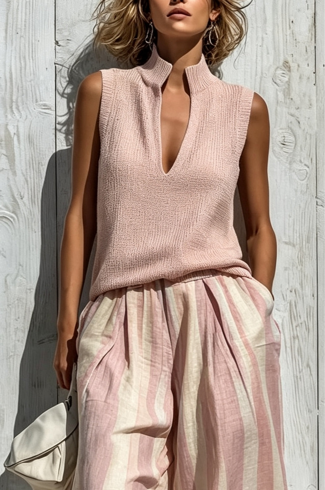 Pink Casual Sleeveless Top and Loose Striped Trousers Set – Sienna Noosa