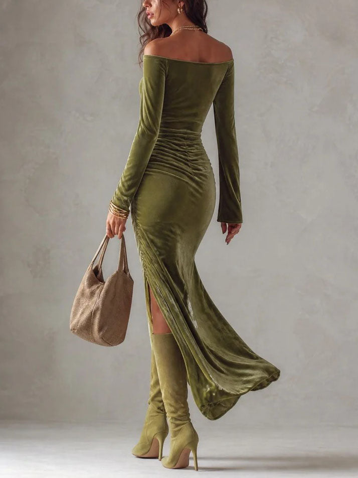 Olivia Olive Green Velvet Off Shoulder Long Sleeve Evening Maxi Dress – Sienna Noosa