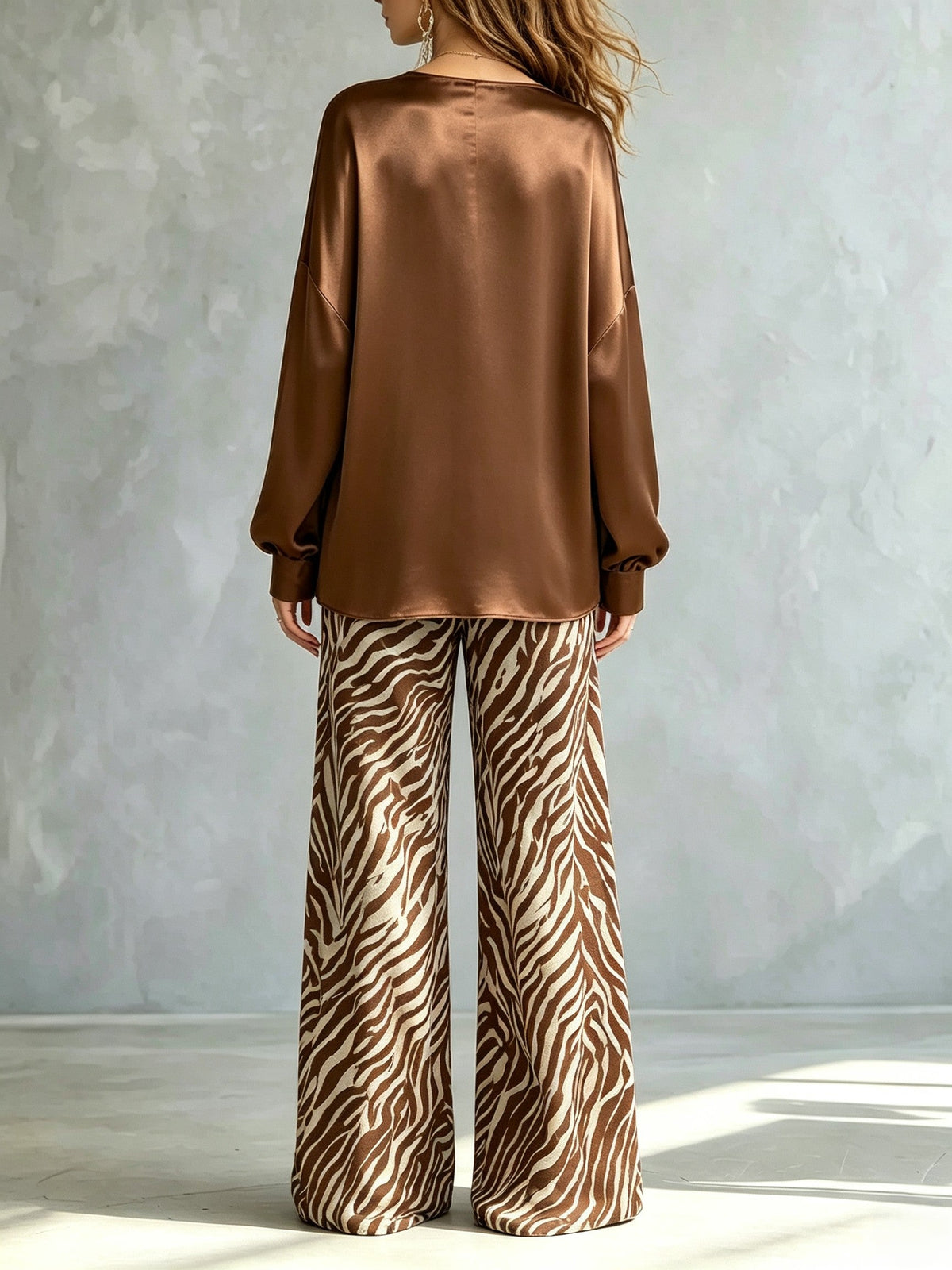 Brown Satin Hoodie Zebra Print Wide Leg Pants Set – Sienna Noosa