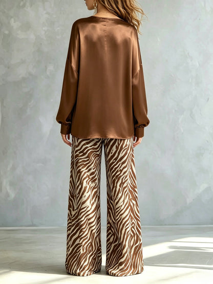 Brown Satin Hoodie Zebra Print Wide Leg Pants Set – Sienna Noosa