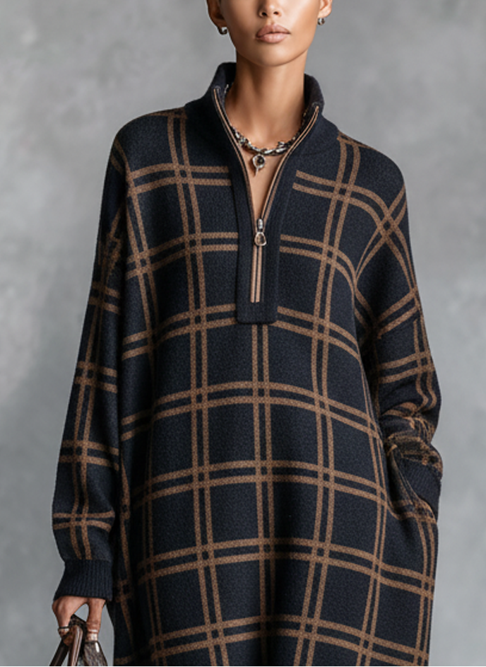 Womens Loose Plaid Zipper Neck Knitted Maxi Dress – Sienna Noosa