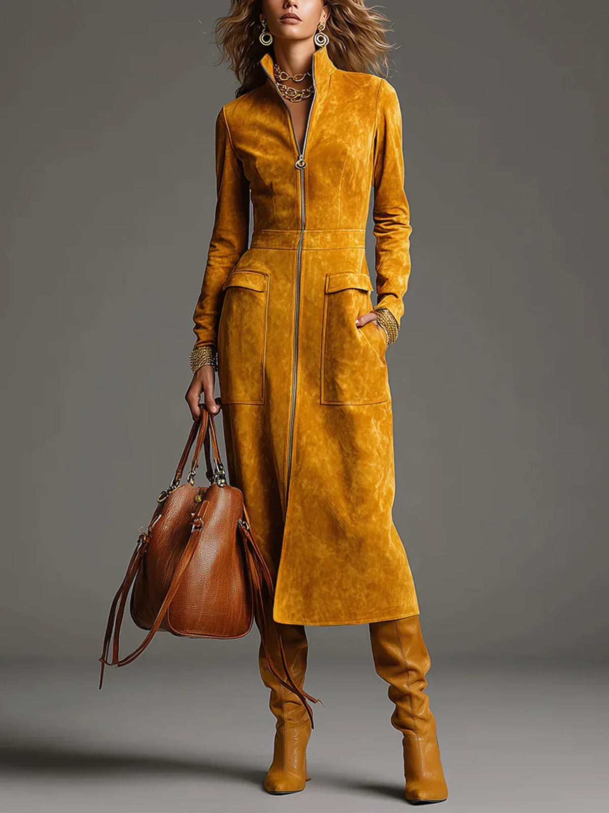 Alicia Women's Mustard Yellow Faux Suede Stand Collar Zip Up Midi Dress with Pockets – Sienna Noosa