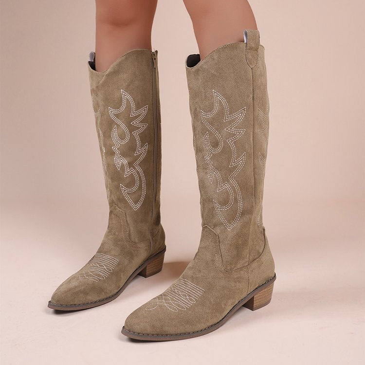 Embroidered Denim High-top Chunky-heeled Western Boots – Sienna Noosa