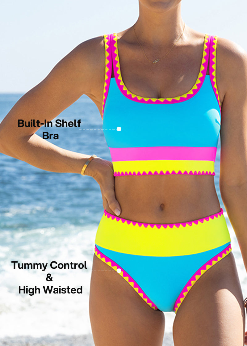 Color Contrast Patchwork Nylon Sporty 3 Piece Bikini Sets – Sienna Noosa