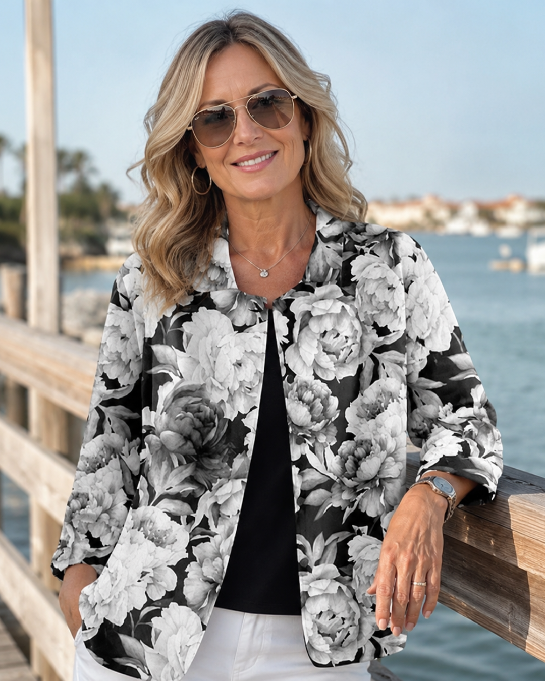 Leontina | Monochrome Floral Relaxed Open Shirt – Sienna Noosa