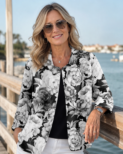 Leontina | Monochrome Floral Relaxed Open Shirt – Sienna Noosa