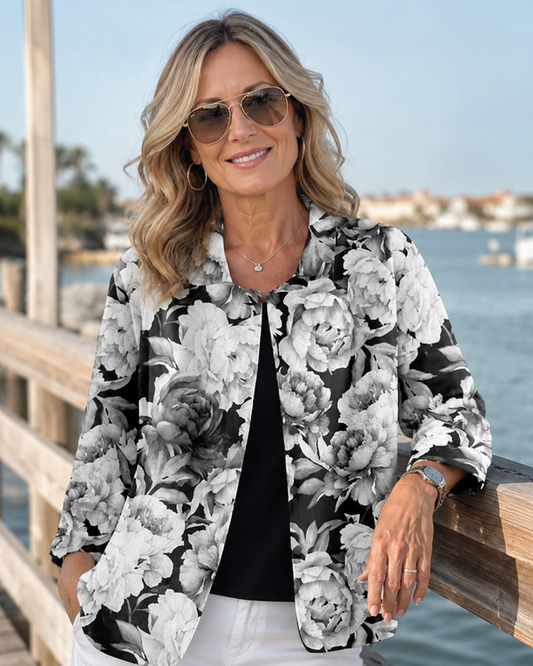Leontina | Monochrome Floral Relaxed Open Shirt – Sienna Noosa