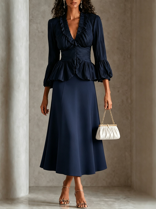 Womens Navy Ruffled V Neck Peplum Blouse High Waist A-line Line Midi Skirt Two-Piece Outfit – Sienna Noosa