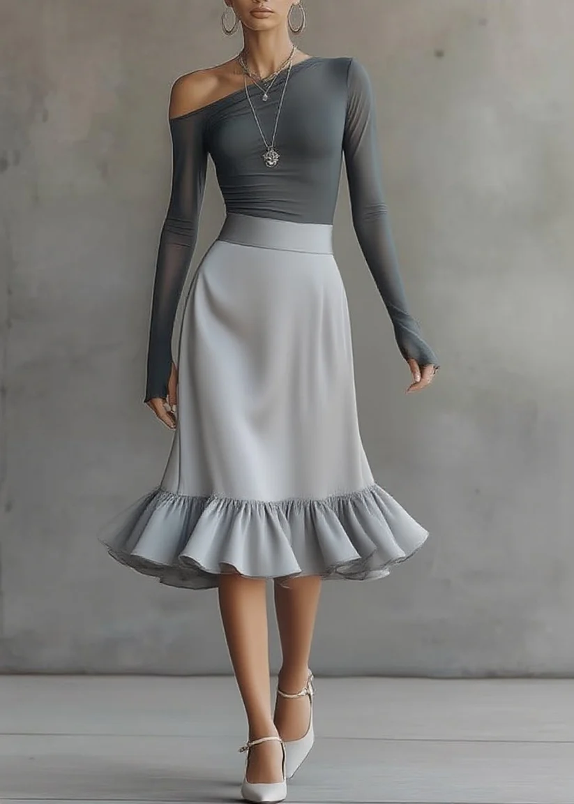 Susana Grey One Shoulder Long Sleeve Top and Ruffle Hem Midi Dress Set – Sienna Noosa