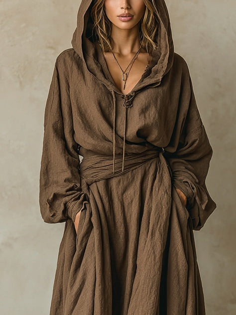Brown Faux Cotton Linen Hooded Loose Maxi Dress – Sienna Noosa