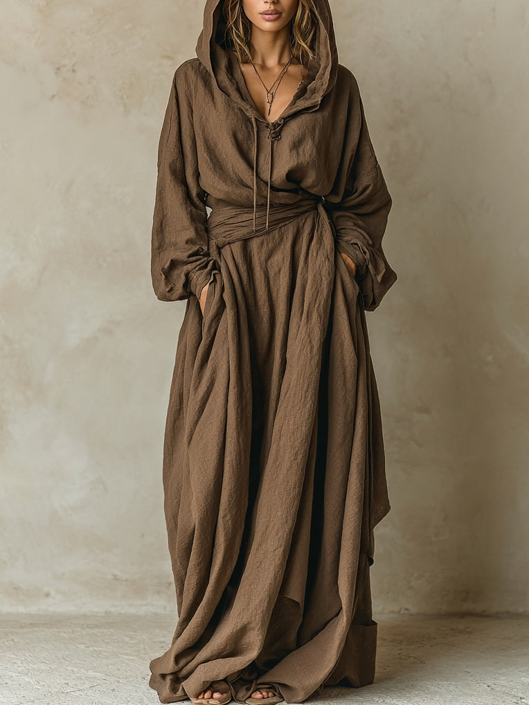 Brown Faux Cotton Linen Hooded Loose Maxi Dress – Sienna Noosa