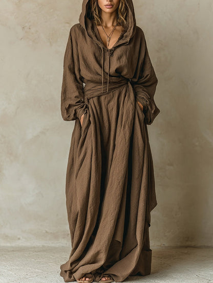 Brown Faux Cotton Linen Hooded Loose Maxi Dress – Sienna Noosa