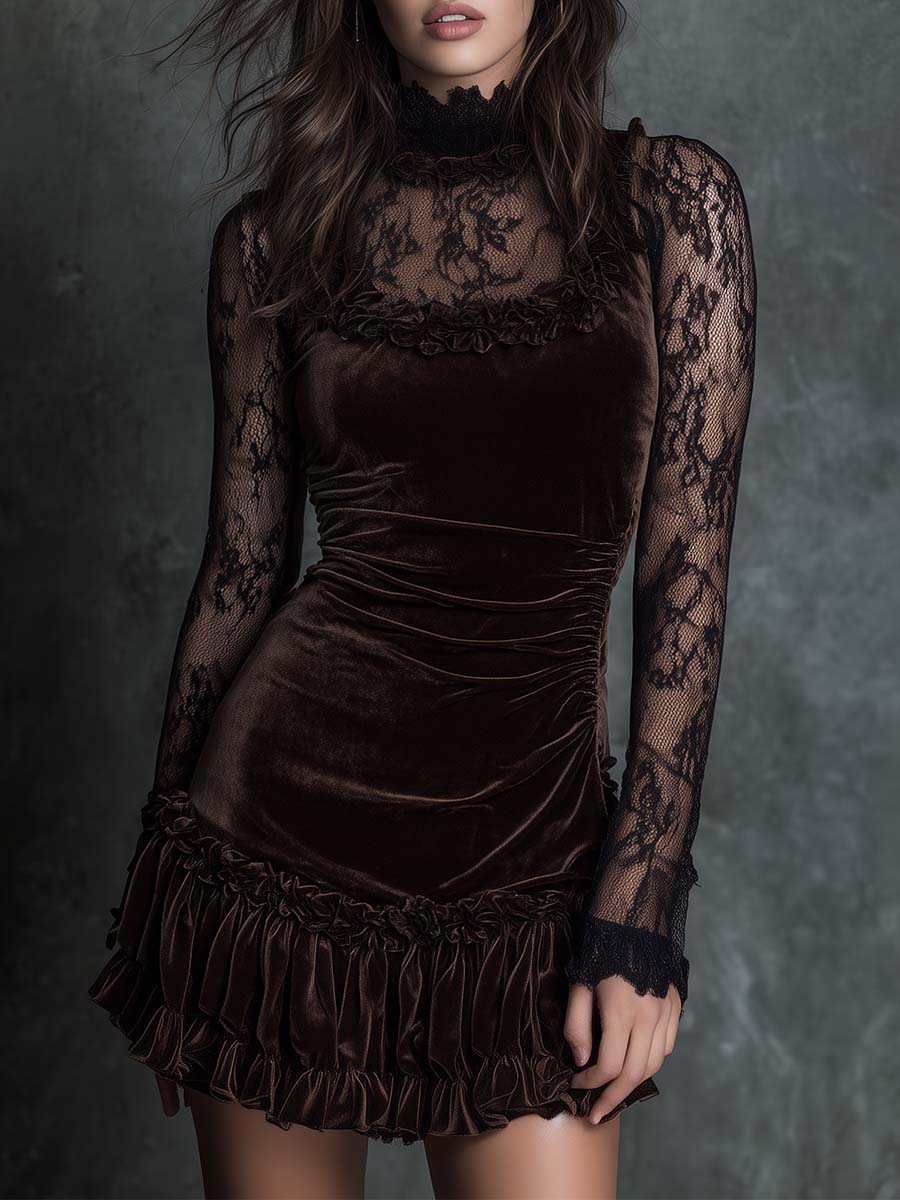 Gabriela Chocolate Velvet Lace Gothic Pleated Mini Dress – Sienna Noosa