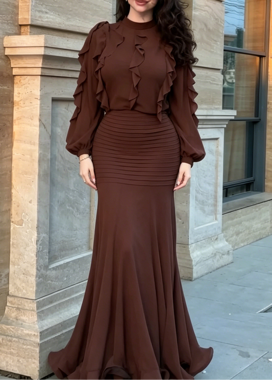 Brown Ruffle Long Sleeve Top Ribbed Mermaid Maxi Skirt Two-Piece Set – Sienna Noosa