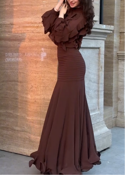 Brown Ruffle Long Sleeve Top Ribbed Mermaid Maxi Skirt Two-Piece Set – Sienna Noosa