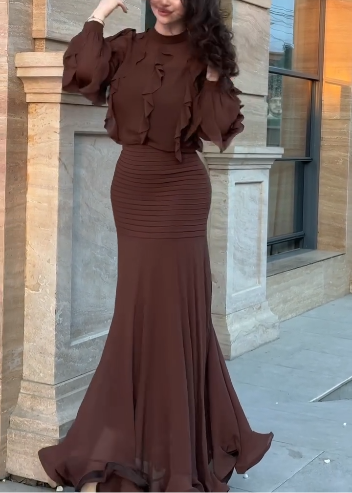 Brown Ruffle Long Sleeve Top Ribbed Mermaid Maxi Skirt Two-Piece Set – Sienna Noosa