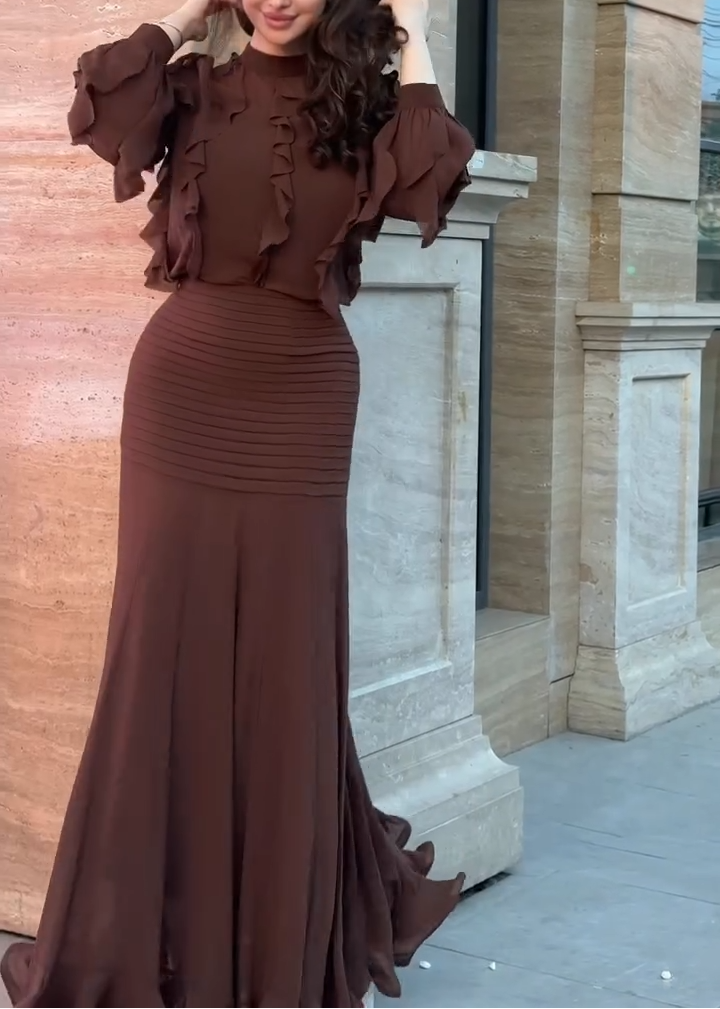 Brown Ruffle Long Sleeve Top Ribbed Mermaid Maxi Skirt Two-Piece Set – Sienna Noosa