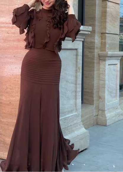 Brown Ruffle Long Sleeve Top Ribbed Mermaid Maxi Skirt Two-Piece Set – Sienna Noosa