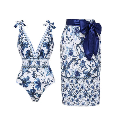 V Neck Lace Up Printed One Piece Swimsuit and Skirt02 – Sienna Noosa