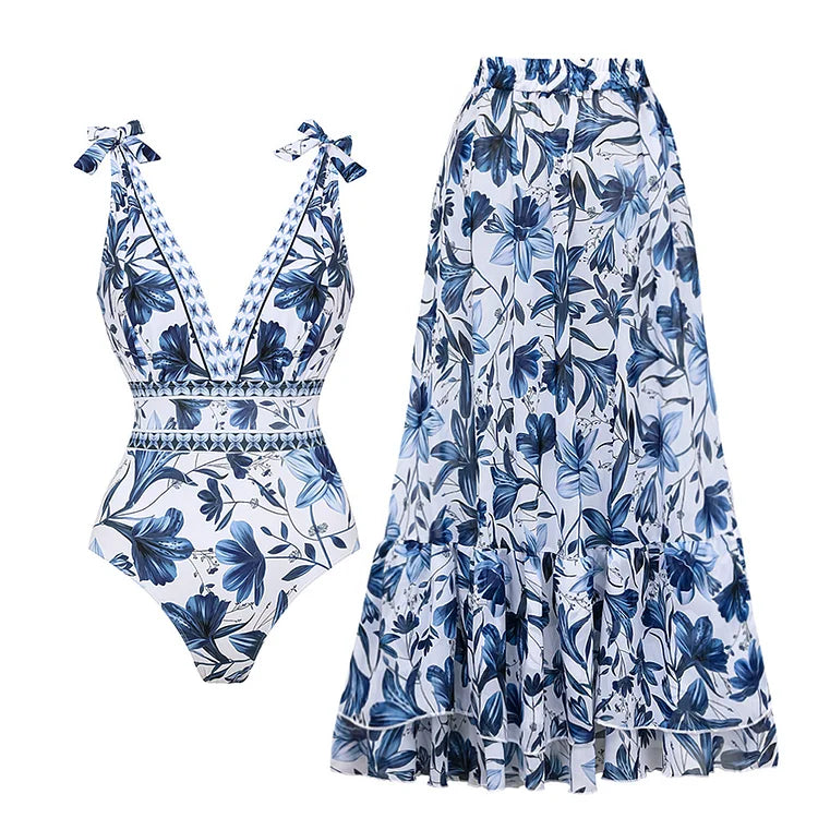 V Neck Lace Up Printed One Piece Swimsuit and Skirt02 – Sienna Noosa