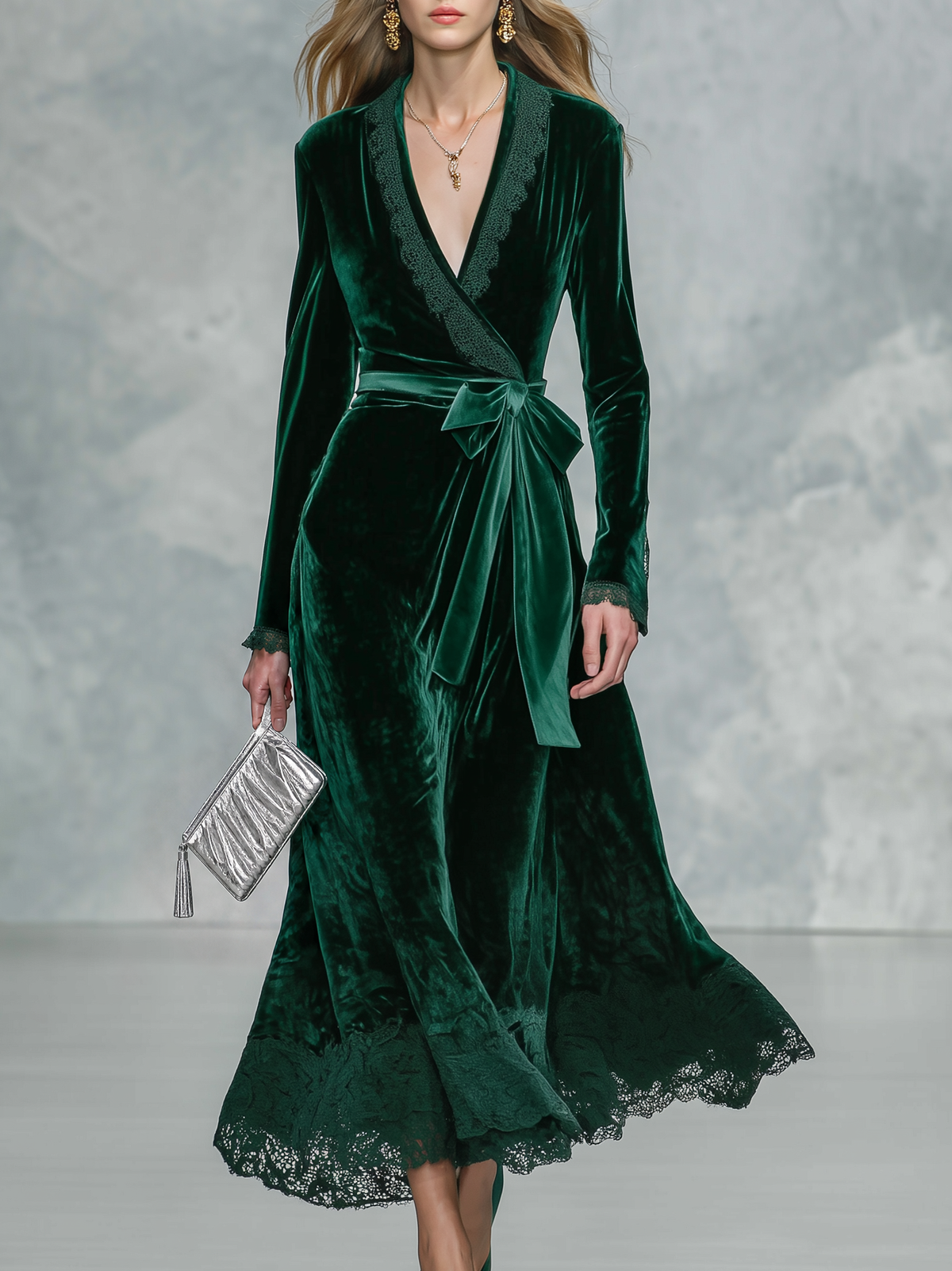 Sofía Dark Green Velvet Wrap Maxi Dress with Lace Trim Self Tie Waist Belt – Sienna Noosa