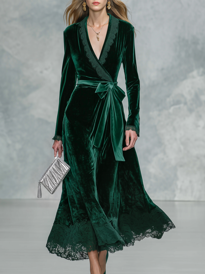 Sofía Dark Green Velvet Wrap Maxi Dress with Lace Trim Self Tie Waist Belt – Sienna Noosa